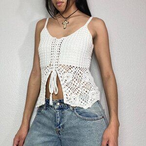 Y2k CREAM CROCHET SPLIT FRONT TANK TOP